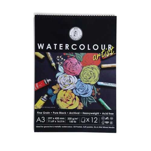 Art Essentials Black Watercolour Artist Paper Fine Grain 320GSM,12 SHT-Spiral Pad