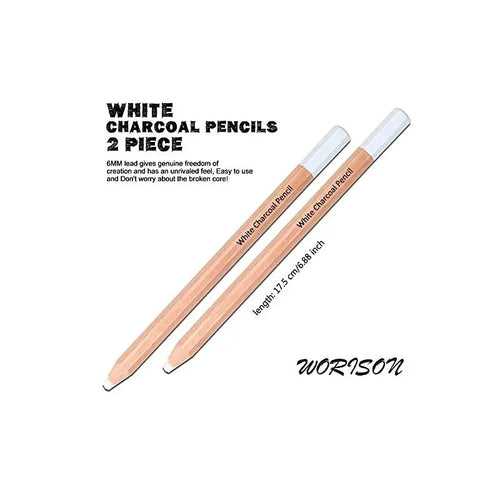 Worison White Charcoal Pencil Set 6mm for Dark or Tinted Paper