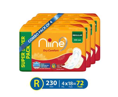 Niine Dry Comfort Regular SUPER SAVER PACK Sanitary Napkins for women, (Pack of 4), 72 Pads Count Sanitary Pad (Pack of 72)