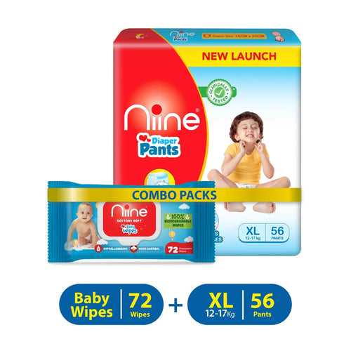 Niine Baby Diaper Pants (12-17KG) XL size 56 Pieces with Baby Wipe 72 Pieces - XL (128 Pants)