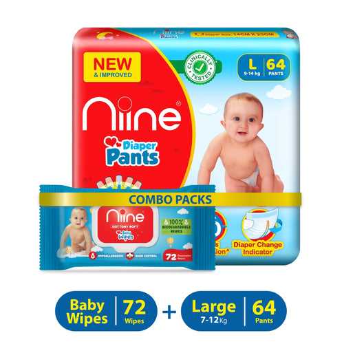 Niine combo of Baby Diaper Pants (9-14KG) Large size  64 Pieces with Baby Wipe 72 Pieces - L (136 Pants)