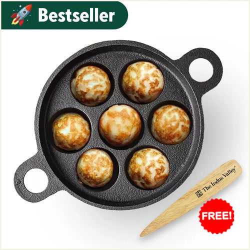 Super Smooth Cast Iron Paniyaram/Appe Pan + Free Spatula, Pre-seasoned, Natural Nonstick, 100% Pure, Toxin-free, 7 Pit, 18.9cm, 2.26 kg