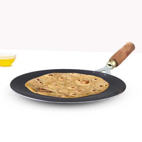 100% Pure Sheet Iron Tawa, Concave, Toxin-free, Seasoned, Wooden Handle, 25.5cm, 0.9kg