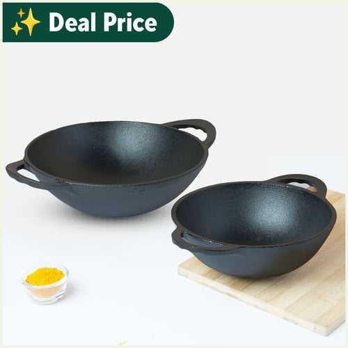 CASTrong Cast Iron Cookware Set - Kadai [1.4L]+Kadai [2.2L],Pre-seasoned,100% Pure,Toxin-free