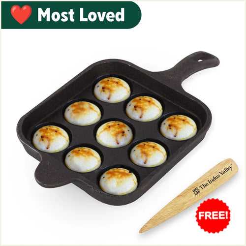 Preseasoned Square Paniyaram/Appe pan with long handle + Free Spatula, Pre-seasoned, Nonstick, 100% Pure, Toxin-free, 9 Pit, 18.5cm, 2.4kg