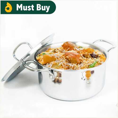 TurboCuk Tri-ply Stainless Steel Casserole/ Biryani Cooking Pot/ Stock Pot/Dutch Oven with Steel Lid, Premium 3 Layer Body, Induction,3.1L