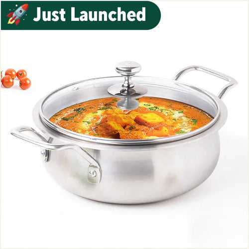 TurboCuk Tri-ply Handi shaped Stockpot/Casserole/Biryani Cooking Pot/Dutch Oven,Glass Lid,3 Layer Body, Induction,Non-stick,2L