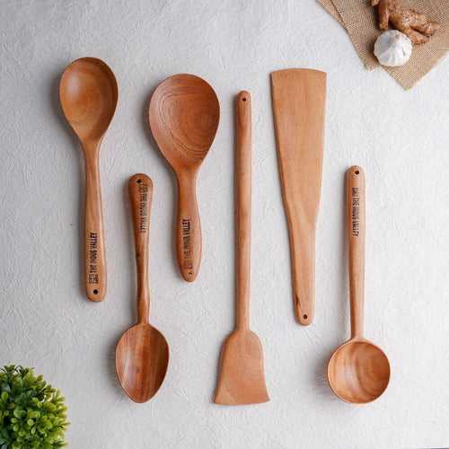 100% Natural Neem Wood Cooking & Serving Spoons/Spatula/Ladles, Set of 6, Toxin-free, Anti-microbial