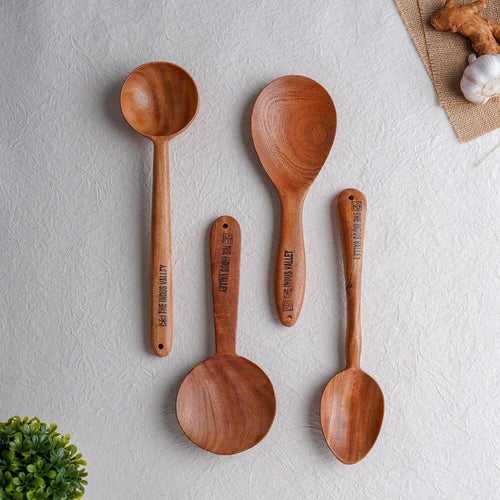 100% Natural Neem Wood Cooking & Serving Spoons/Spatula/Ladles, Set of 4, Toxin-free, Anti-microbial