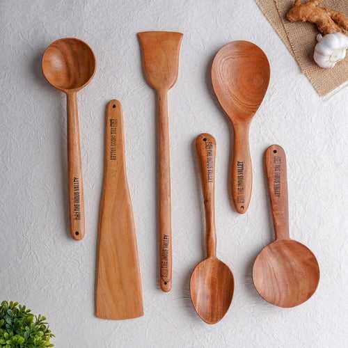 100% Natural Neem Wood Cooking & Serving Spoons/Spatula/Ladles, Set of 6, Toxin-free, Anti-microbial