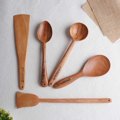 100% Natural Neem Wood Cooking & Serving Spoons/Spatula/Ladles, Set of 5, Toxin-free, Anti-microbial