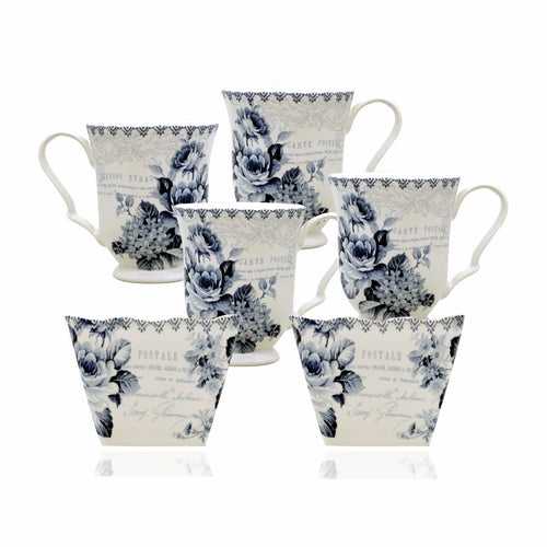 French Blue Rose Tea Set (4 Tea Mugs & Savoury Serving Cups)