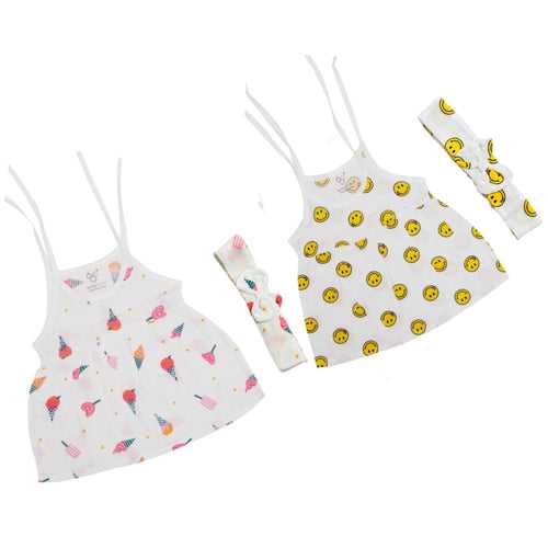 Organic Muslin Frock Jabla With Bow - Pack of 2 - Smiley & Lolipop