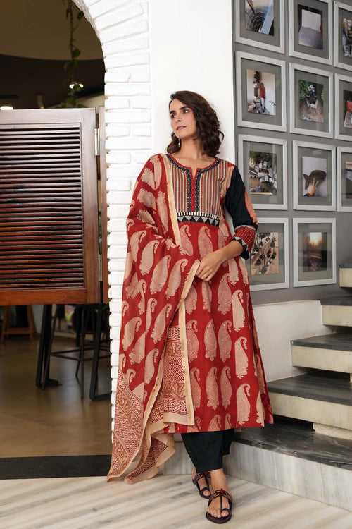 Maroon Hand Block Printed Dupatta In Chanderi