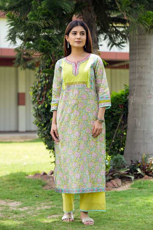 Lime Green Straight Fit Kurta In Handblock Cotton