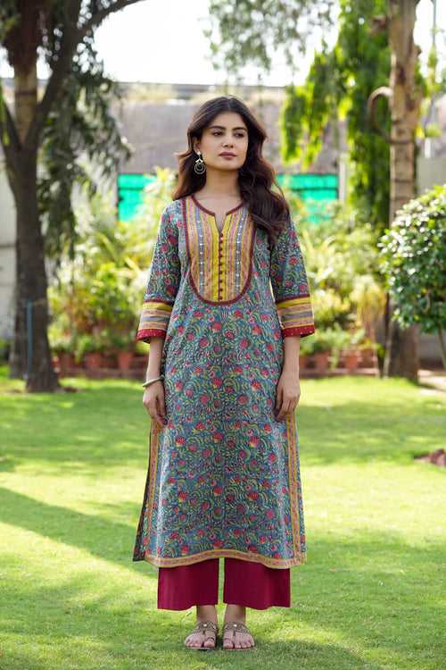 Long Length Teal Blue A-Line Kurta