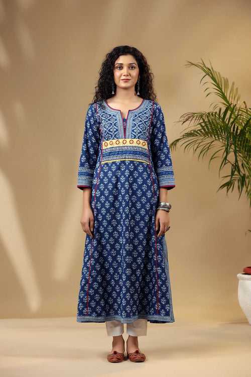 Indigo Blue A-Line Kurta in Cotton Fabric