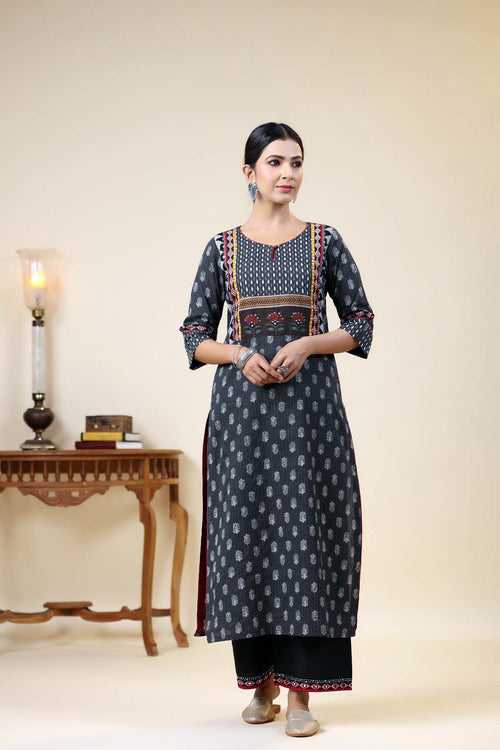 Black Straight Fit Kurta In Kantha Cotton Fabric