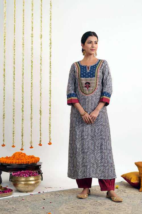 Blue Striped Straight Fit Kurta In Modal Silk