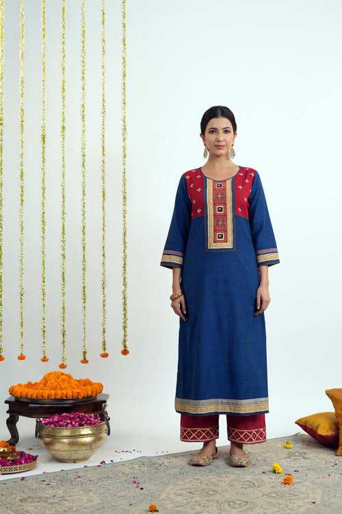 Royal Blue A-Line Kurta In Handloom Cotton