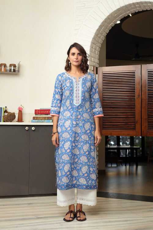 Blue Straight Fit Kurta In Hand Block Printed Cotton