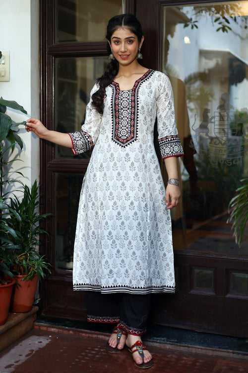 Black And White Hand Block Print A-Line Kurta