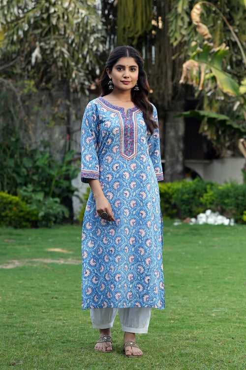 Long Length Sky Blue A-Line Kurta In Hand Block Cotton