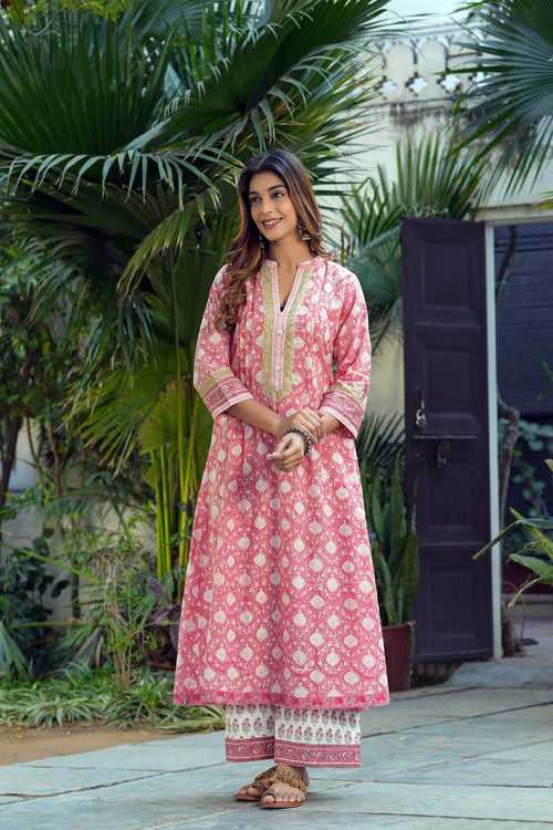 Kurta/Dupatta Set In Peach Hand Block Cotton