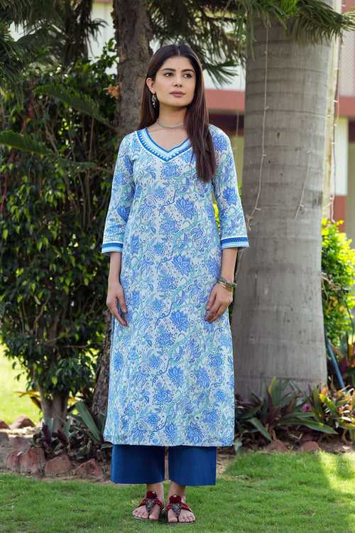 Light Blue Straight Fit Kurta/Dupatta Set In Hand Block Printed Cotton