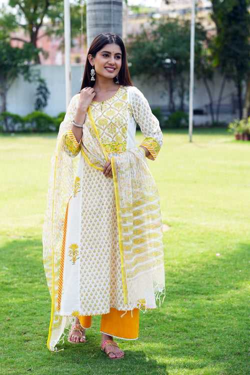 A-Line Kurta/Dupatta Set in Yellow Handblock Printed Cotton