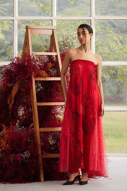 Crimson Glory Off-shoulder Dress with Silk Pants