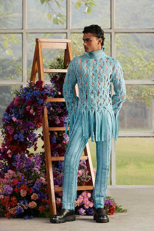 Azure Helix Beaded Knit Fringe Kurta with Shred Linen Pants