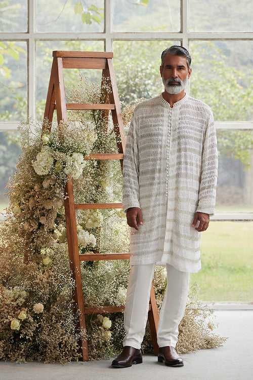 Ecru Beaded Kurta with Classic Linen Pants