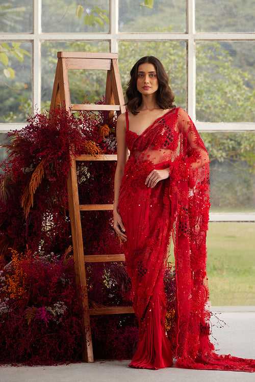 Crimson Glory Embellished Sari with Cord Bloom Blouse