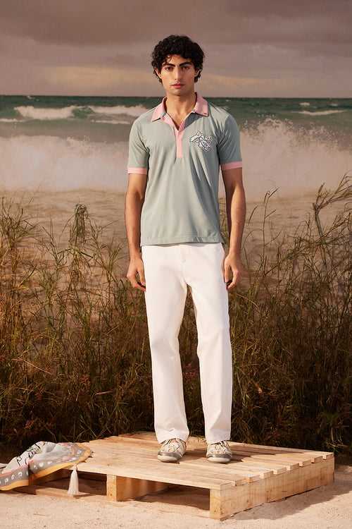 Sage Polo with Salmon Collar