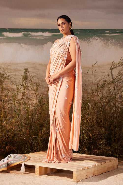 Salmon Bloom Skein Tailored Ruched Sari