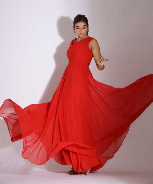 Cowl Neck Red Colour Maxi Dress for Women