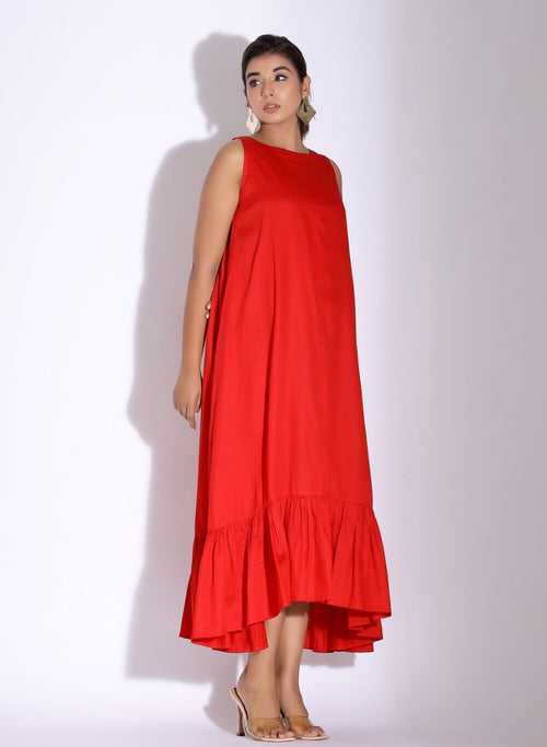 Hot Red Cotton Maxi Ruffle Dress