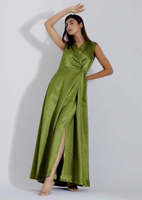 Maxi Cocktail Gown in Olive Green Colour