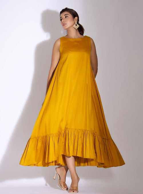 Mustard Yellow Cotton Dress with Ruffle Hem