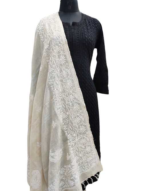 Shyamal Chikan Hand Embroidered Beige Monga Silk Lucknowi Chikankari Dupatta - S22505