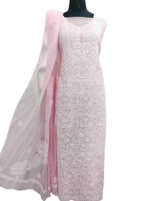 Shyamal Chikan Hand Embroidered Pink Kota Cotton Lucknowi Chikankari Unstitched Suit Piece ( Kurta Dupatta Set ) - S22604