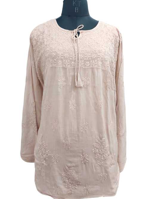 Shyamal Chikan Hand Embroidered Peachish Brown Modal Lucknowi Chikankari Kaftan Short Top- S22820