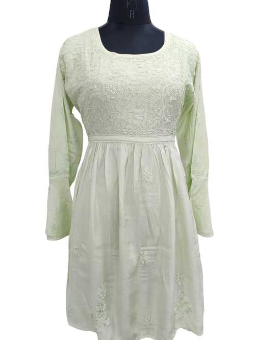 Shyamal Chikan Hand Embroidered Green Muslin Lucknowi Chikankari Naira Short Top - S22817