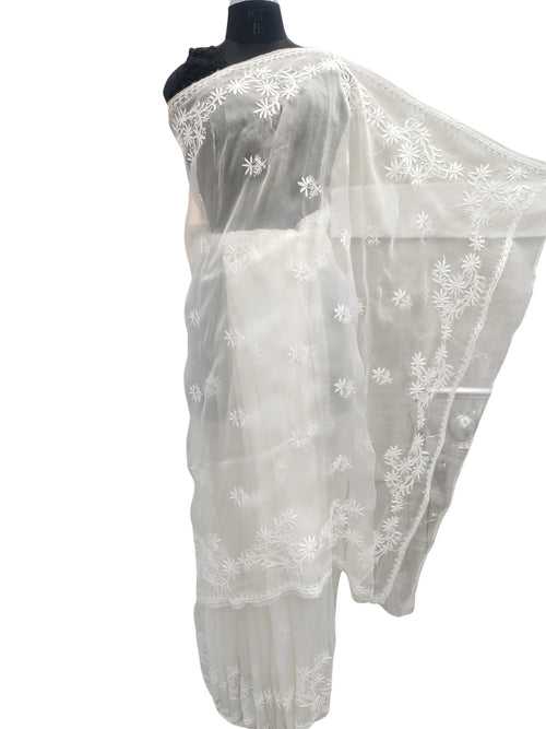 Shyamal Chikan Hand Embroidered White Pure Organza Lucknowi Chikankari Saree With Blouse Piece  - S22310