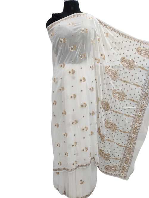 Shyamal Chikan Hand Embroidered White Pure Georgette Lucknowi Chikankari Saree With Blouse Piece  - S22432