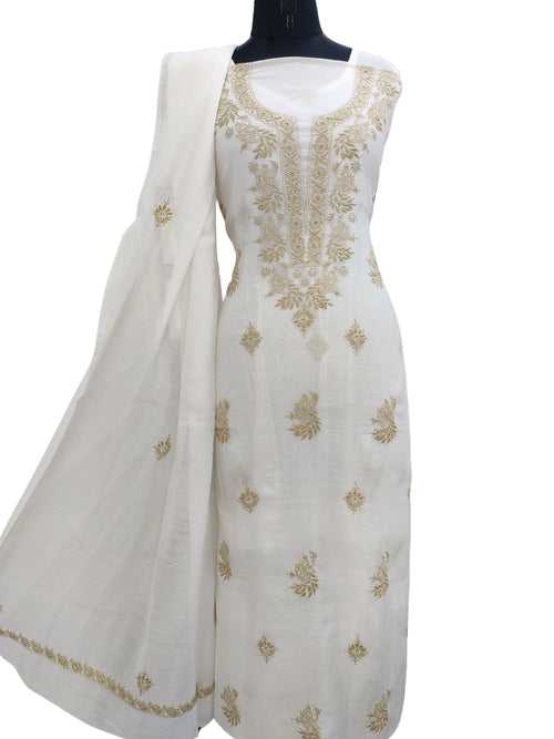 Shyamal Chikan Hand Embroidered White Mul Chanderi Lucknowi Chikankari Unstitched Suit Piece With Mukaish Work (Kurta Dupatta Set) - S21956