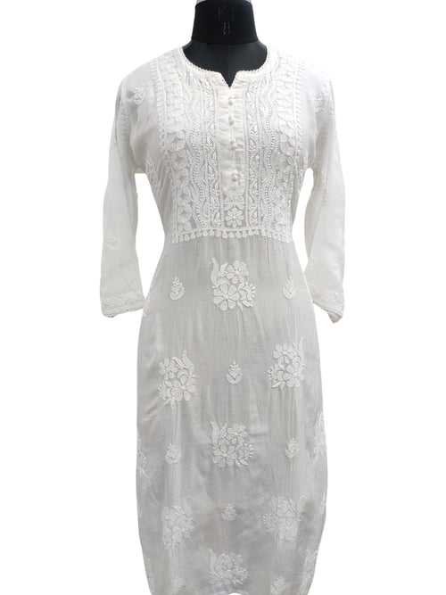 Shyamal Chikan Hand Embroidered White Muslin Lucknowi Chikankari Kurti - S22689