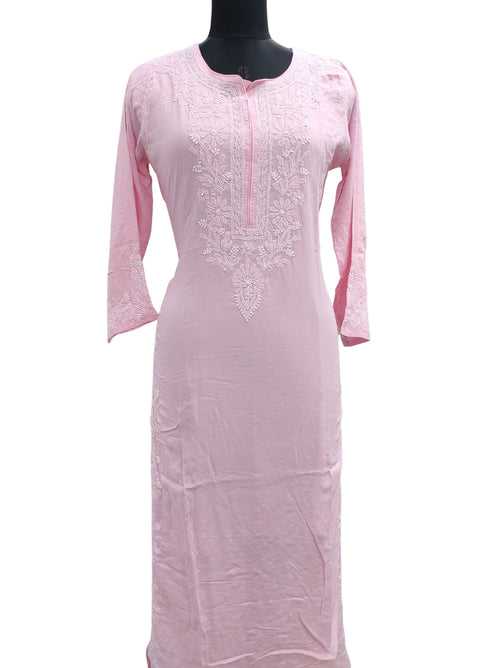 Shyamal Chikan Hand Embroidered Pink Modal Cotton Lucknowi Chikankari Kurti- S12292