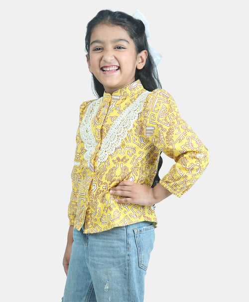 Full Sleeves Seamless Geometric Design Printed & Lace Embellished Button Down Shirt Style Top - Yellow